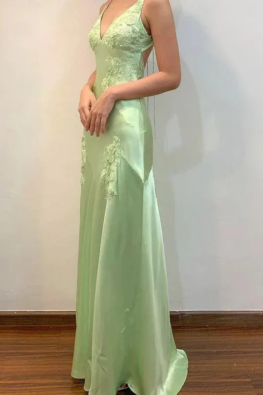 Backless V-Neck Appliques A-Line Party Prom Dress