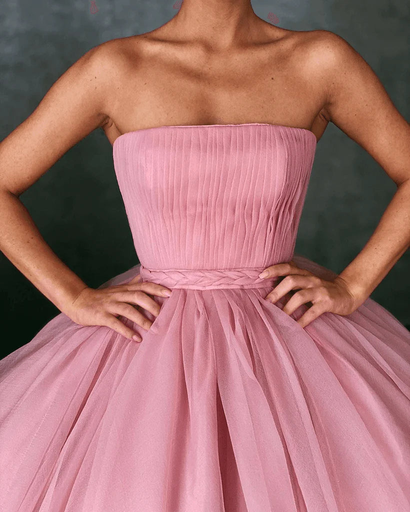 Ball Gown Pink Tulle Strapless Prom Dresses Evening Dresses
