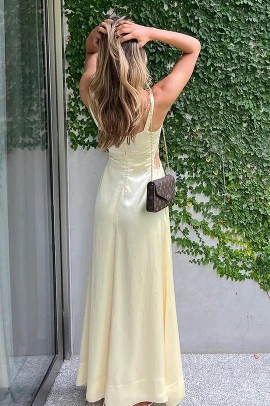 Bateau Spaghetti Straps Satin A-Line Long Party Prom Dress