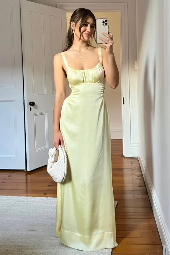 Bateau Spaghetti Straps Satin A-Line Long Party Prom Dress