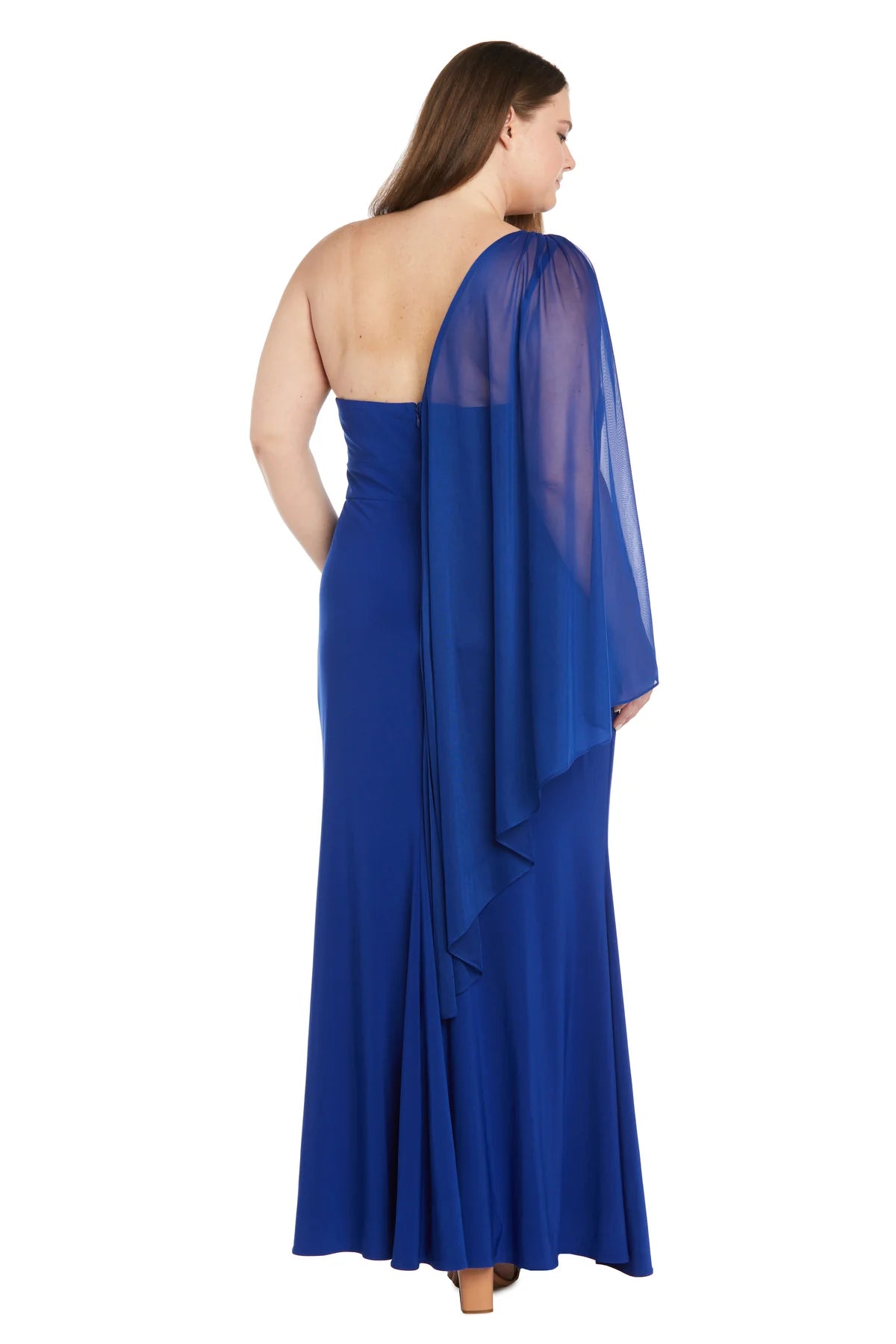 Beaded Accent Mermaid One Shoulder Cape Sleeve Floor Length Evening Dress with Front Slit