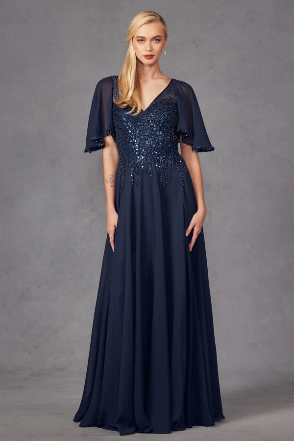 Beaded Chiffon ALine VNeck Flutter Sleeve Floor Length Mother of the Bride Dress