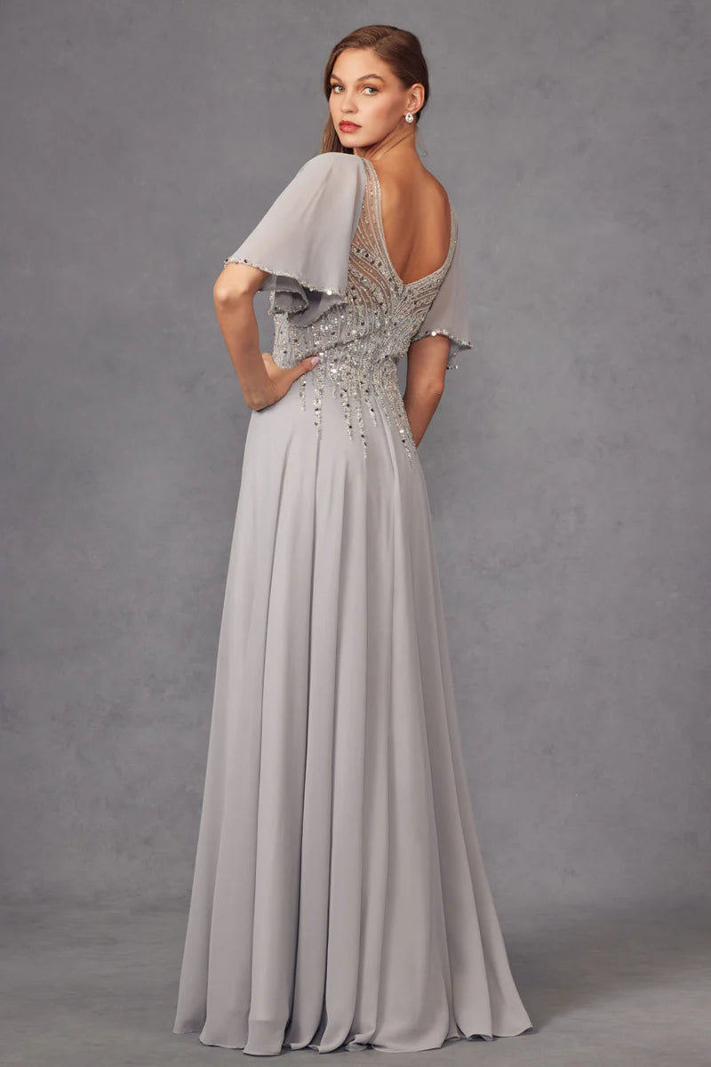 Beaded Chiffon ALine VNeck Flutter Sleeve Floor Length Mother of the Bride Dress