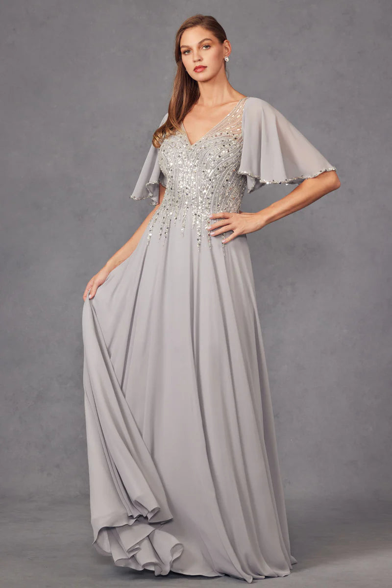 Beaded Chiffon ALine VNeck Flutter Sleeve Floor Length Mother of the Bride Dress