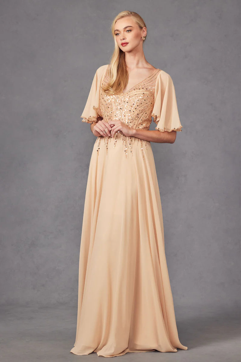 Beaded Chiffon ALine VNeck Flutter Sleeve Floor Length Mother of the Bride Dress