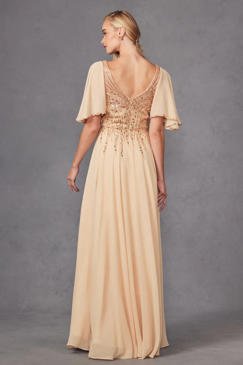 Beaded Chiffon ALine VNeck Flutter Sleeve Floor Length Mother of the Bride Dress