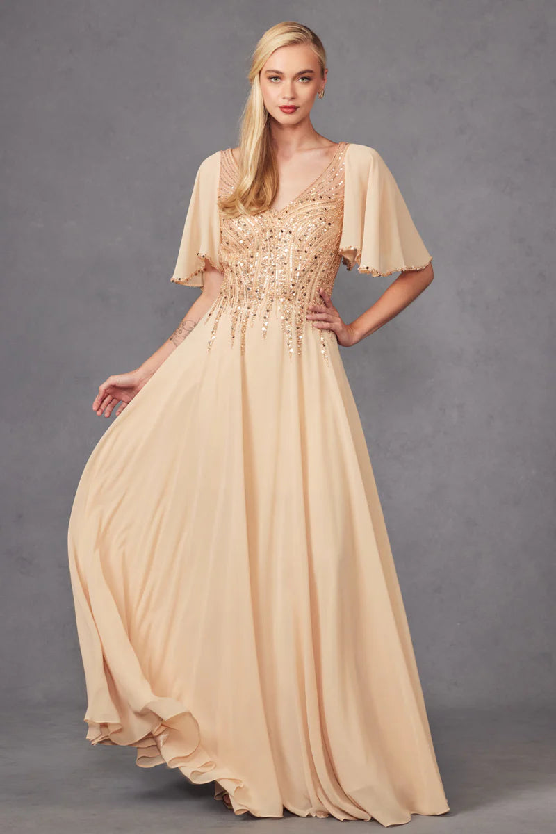 Beaded Chiffon ALine VNeck Flutter Sleeve Floor Length Mother of the Bride Dress