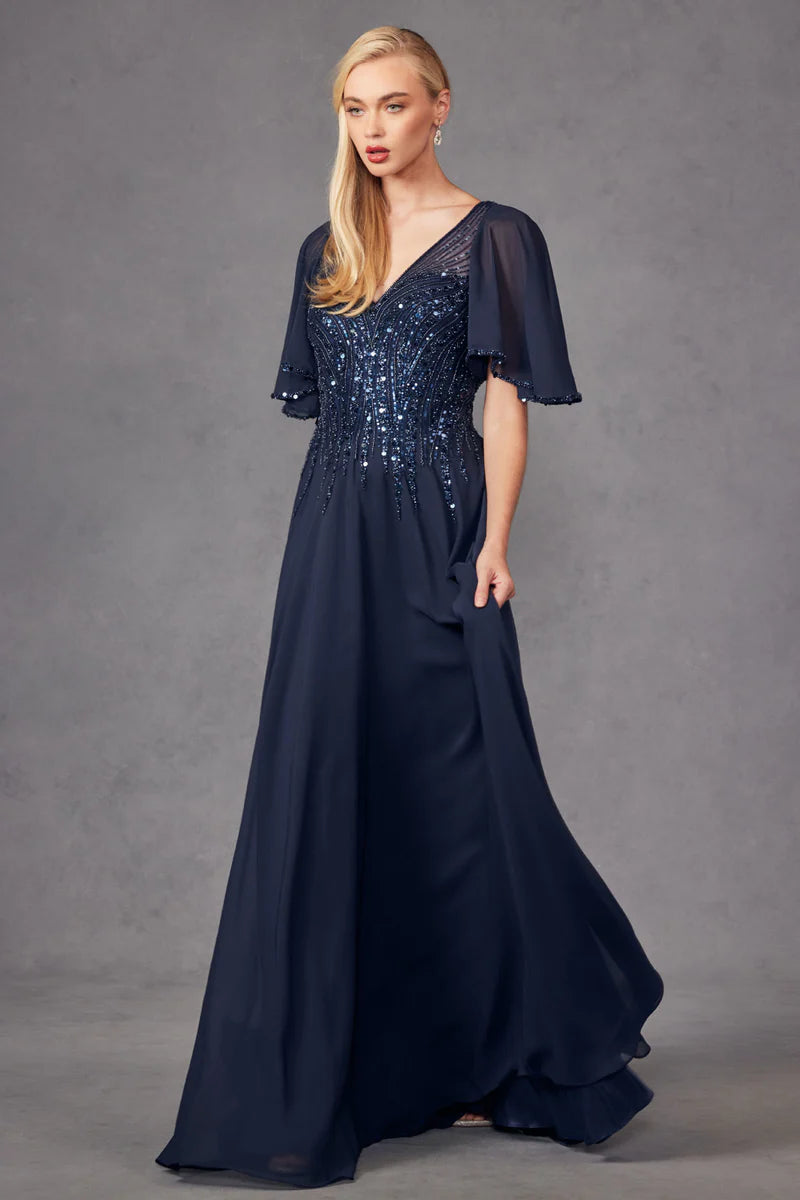 Beaded Chiffon ALine VNeck Flutter Sleeve Floor Length Mother of the Bride Dress