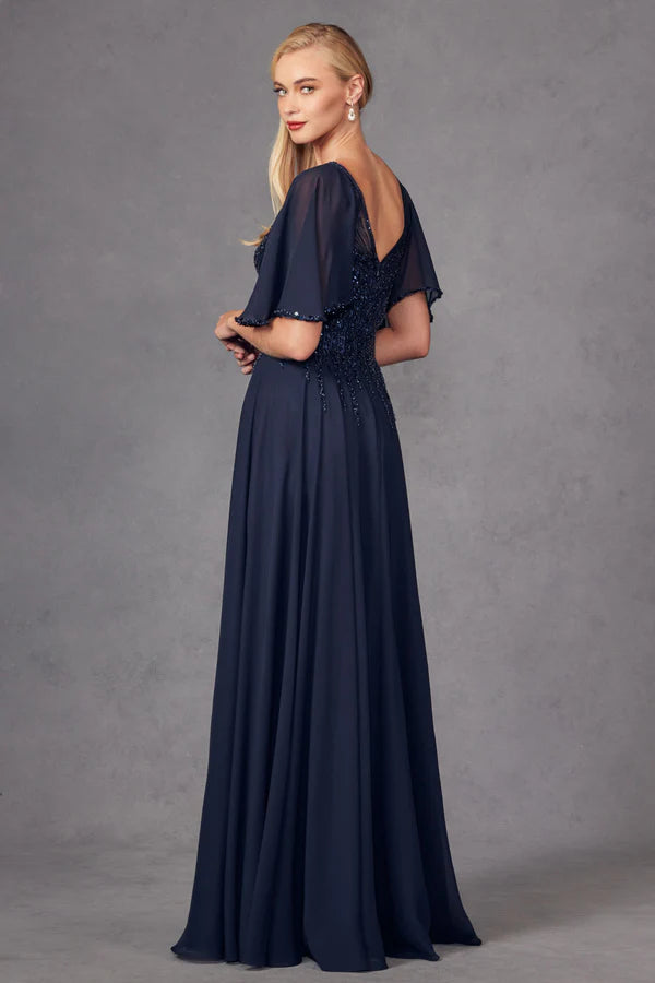 Beaded Chiffon ALine VNeck Flutter Sleeve Floor Length Mother of the Bride Dress