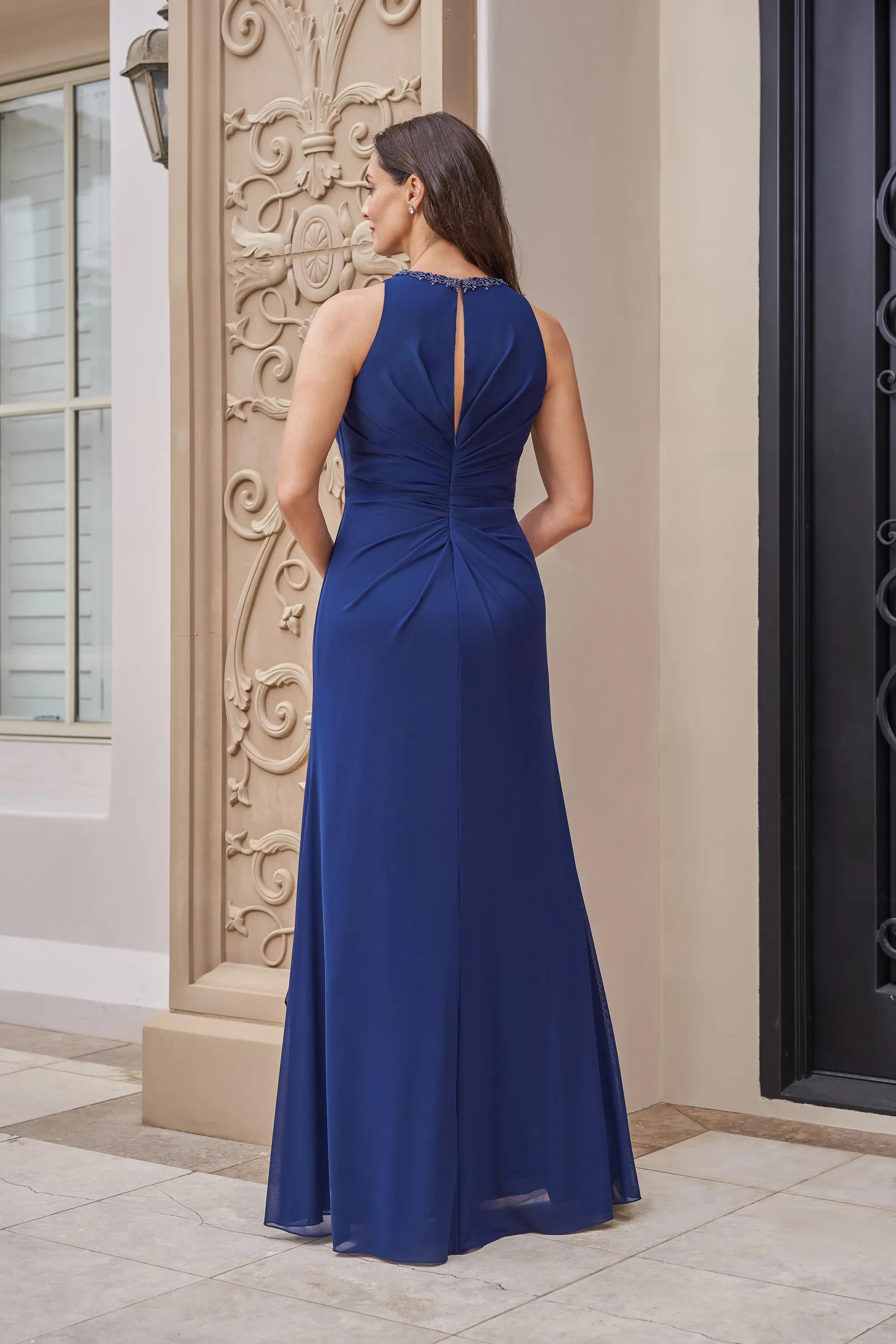 Beaded Halter Chiffon A-Line Ruched Waist Floor Length Mother of the Bride Dress