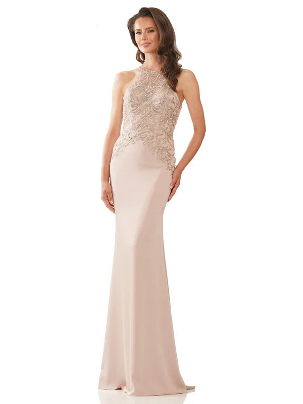 Beaded Lace Fitted Halter Neck Sleeveless Floor Length Mother of the Bride Dress