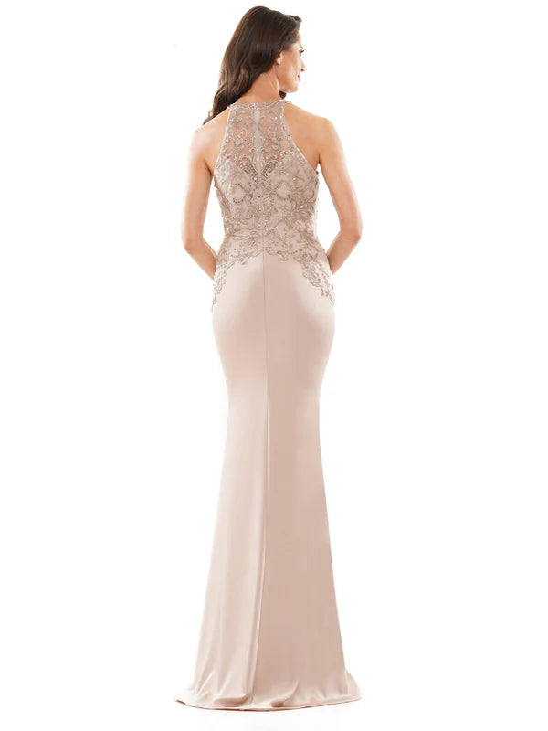 Beaded Lace Fitted Halter Neck Sleeveless Floor Length Mother of the Bride Dress