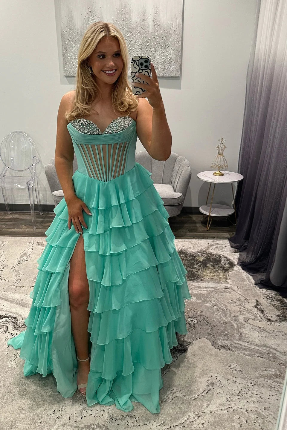Beaded Neck Mint Tiered Long Unique Design Full Of Charm Prom Dresses