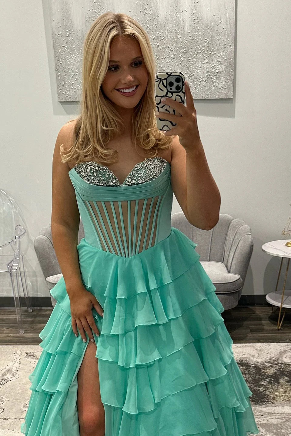 Beaded Neck Mint Tiered Long Unique Design Full Of Charm Prom Dresses