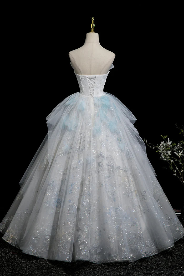 Beautiful Blue Glitter Lace Flower Prom Dress, A-Line Strapless Evening Party Dress