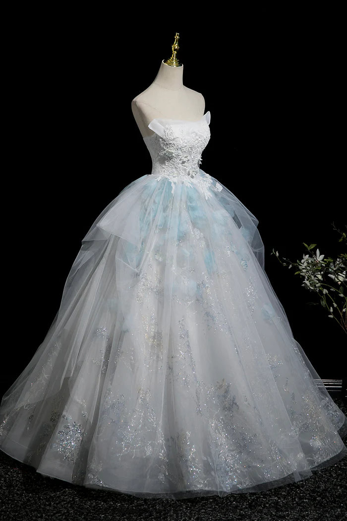 Beautiful Blue Glitter Lace Flower Prom Dress, A-Line Strapless Evening Party Dress