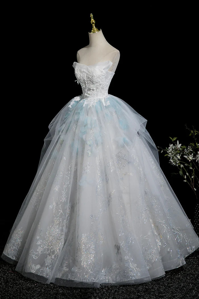 Beautiful Blue Glitter Lace Flower Prom Dress, A-Line Strapless Evening Party Dress