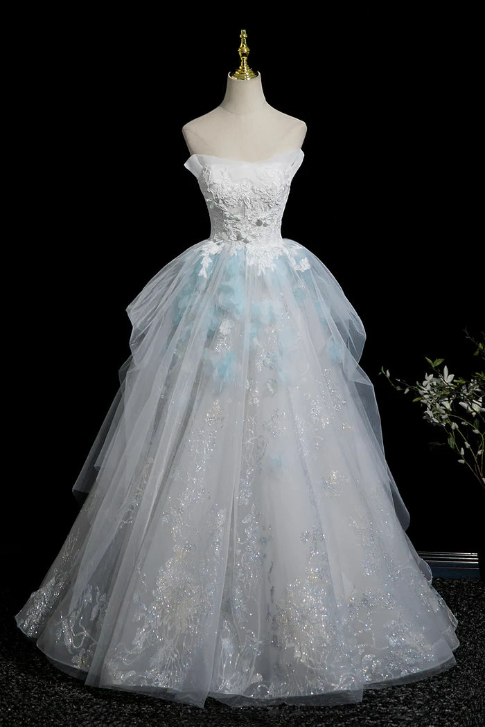 Beautiful Blue Glitter Lace Flower Prom Dress, A-Line Strapless Evening Party Dress