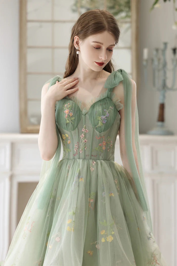 Beautiful Floral Tulle High Low Party Dress, Green Lace Homecoming Dress