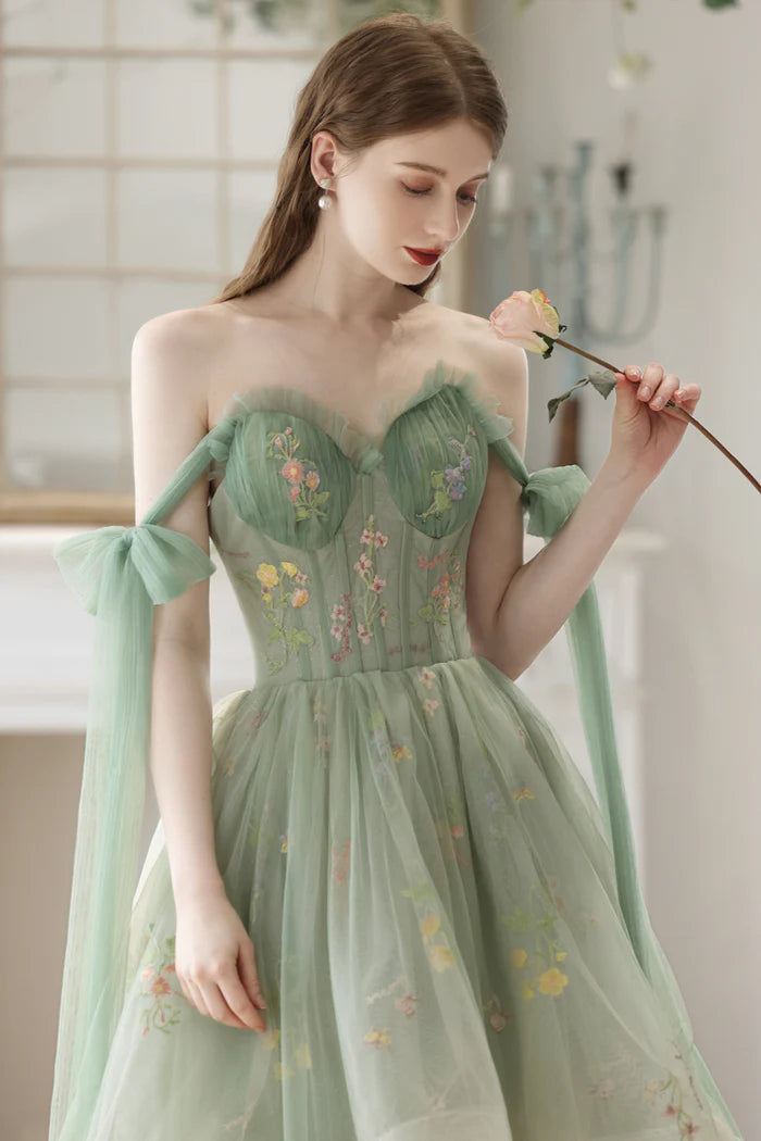 Beautiful Floral Tulle High Low Party Dress, Green Lace Homecoming Dress