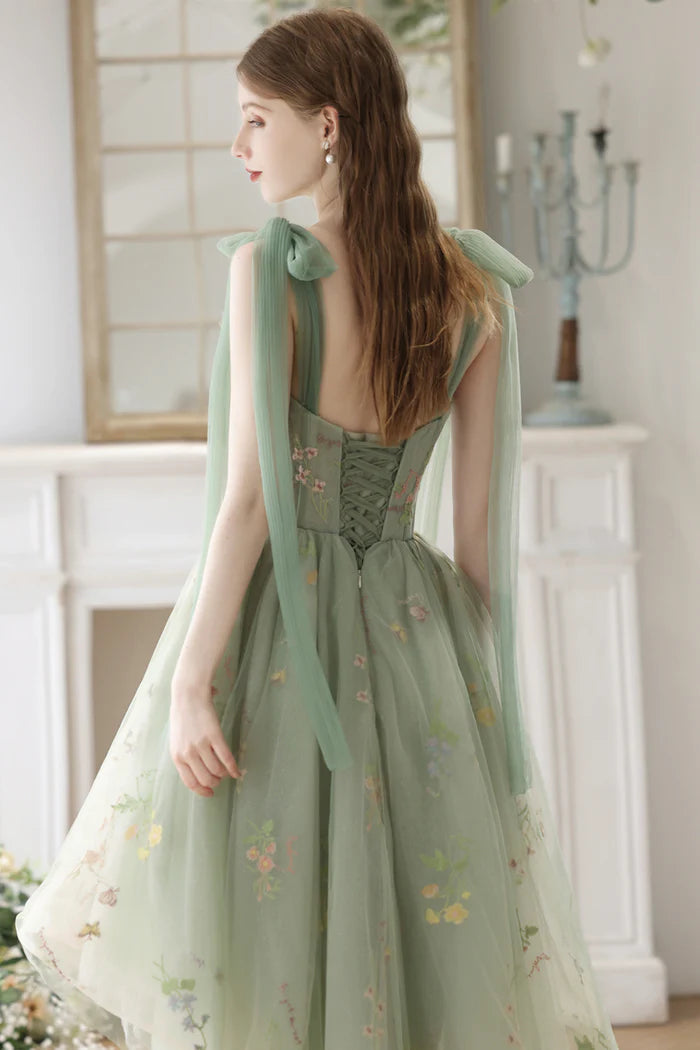 Beautiful Floral Tulle High Low Party Dress, Green Lace Homecoming Dress
