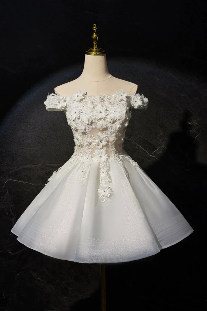 Beautiful Flowers Lace Short Prom Dress, White A-Line Evening Party Dress