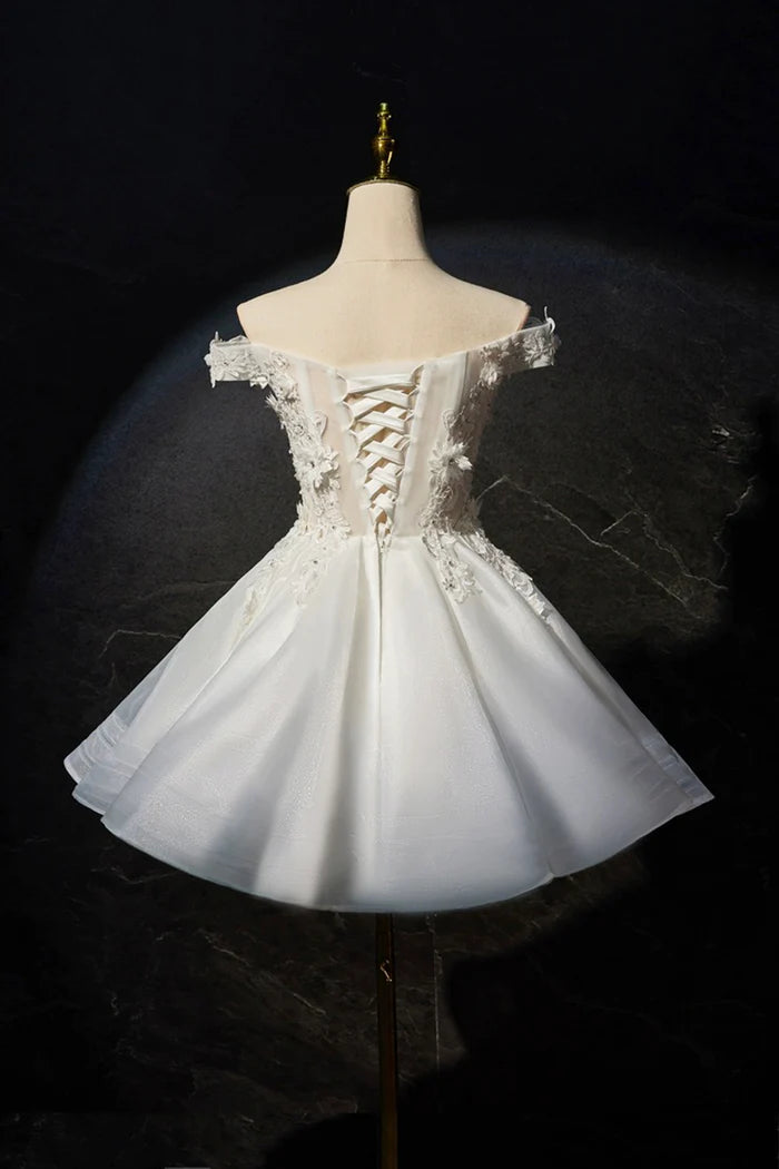 Beautiful Flowers Lace Short Prom Dress, White A-Line Evening Party Dress