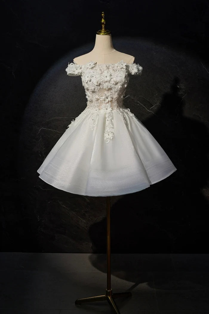 Beautiful Flowers Lace Short Prom Dress, White A-Line Evening Party Dress