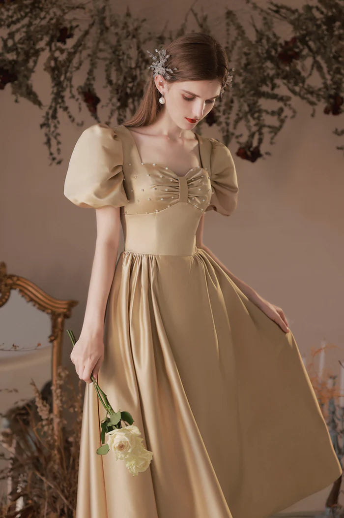 Beautiful Satin Short Prom Dress, A-Line Short Sleeve Homecoming Party Dress