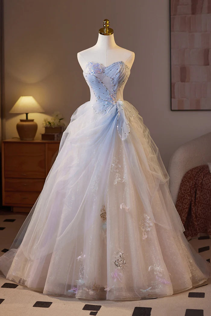 Beautiful Sparkling Tulle Long Prom Dress, A-Line Strapless Evening Party Dress