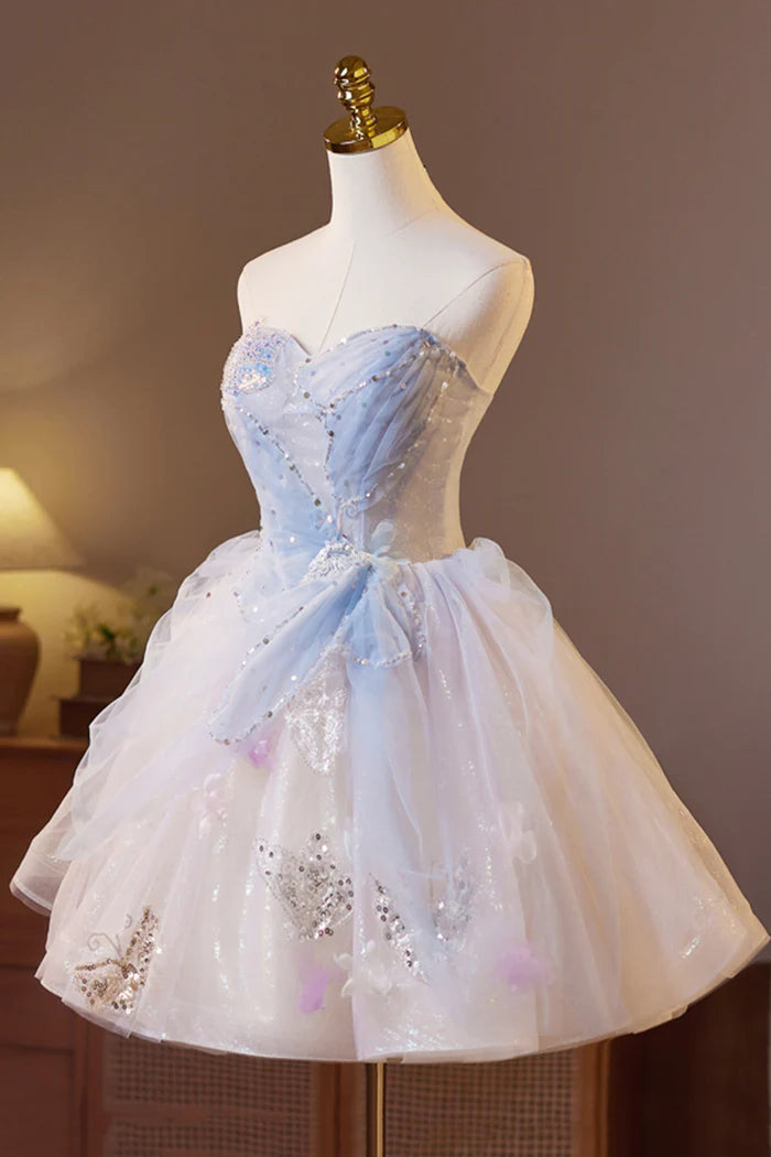 Beautiful Sparkling Tulle Short Prom Dress, A-Line Strapless Evening Party Dress