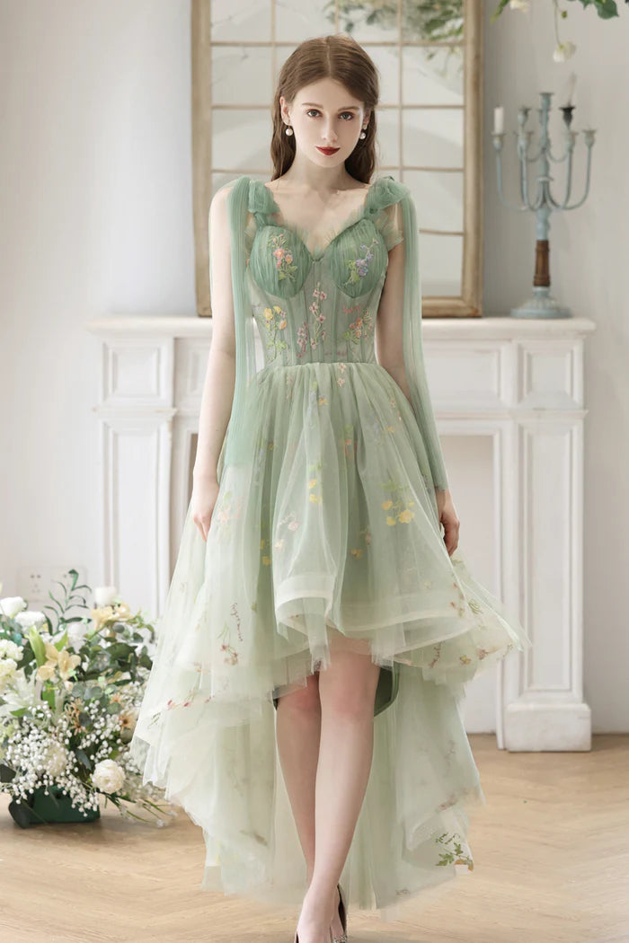 Beautiful Floral Tulle High Low Party Dress, Green Lace Homecoming Dress
