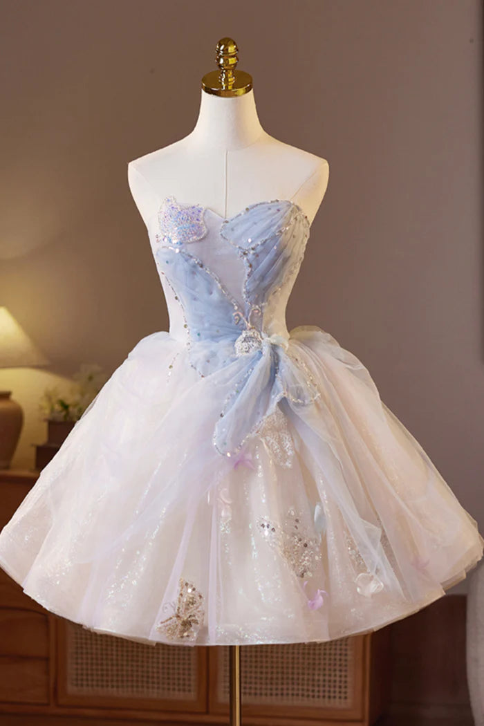 Beautiful Sparkling Tulle Short Prom Dress, A-Line Strapless Evening Party Dress