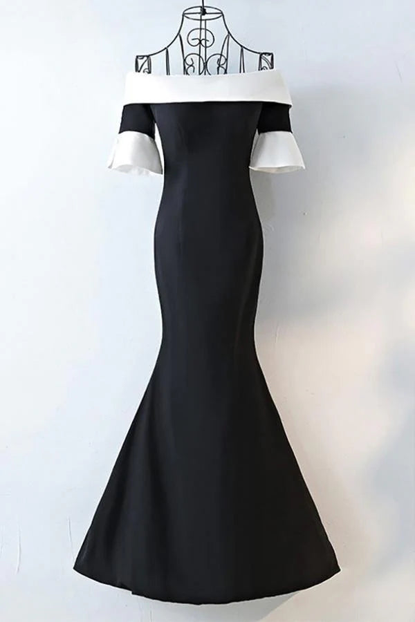Black-and-White Off-the-Shoulder Two-Tone Mermaid Floor-Length Prom Dress