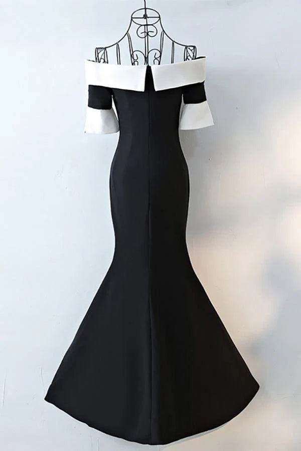 Black-and-White Off-the-Shoulder Two-Tone Mermaid Floor-Length Prom Dress