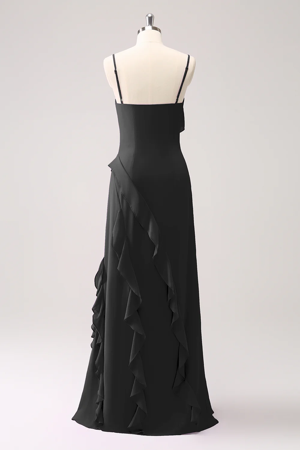 Chic Spaghetti Strap Evening Dress with Ruffle Trim and High Slit Detail