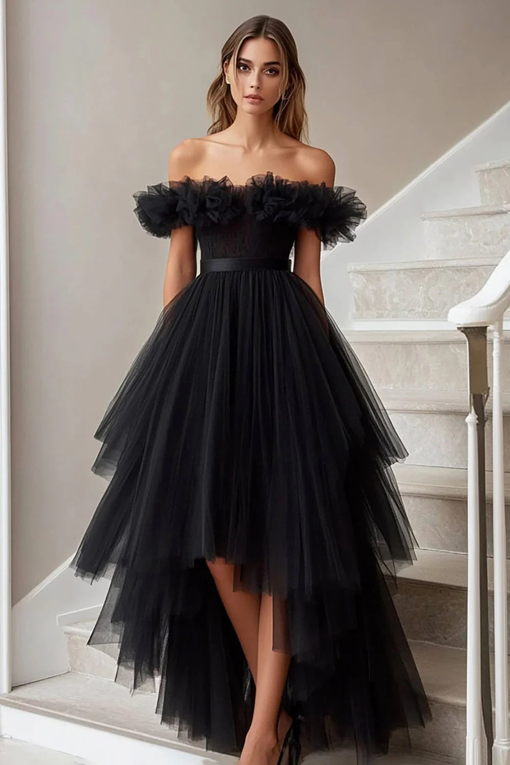 Black A Line Off the Shoulder High-Low Formal Dress