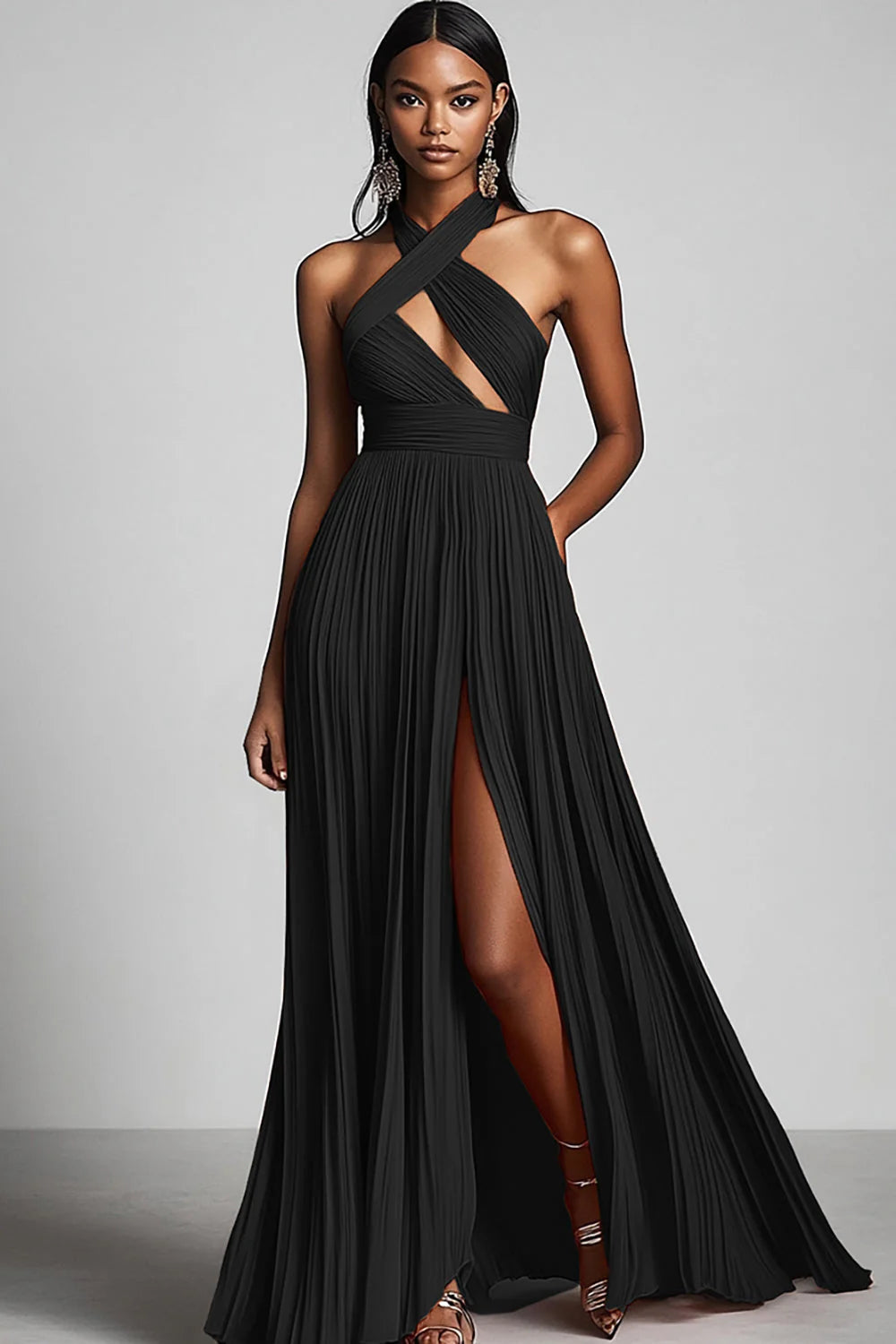 Black A Line Pleated Halter Neck Long Formal Dress with Slit