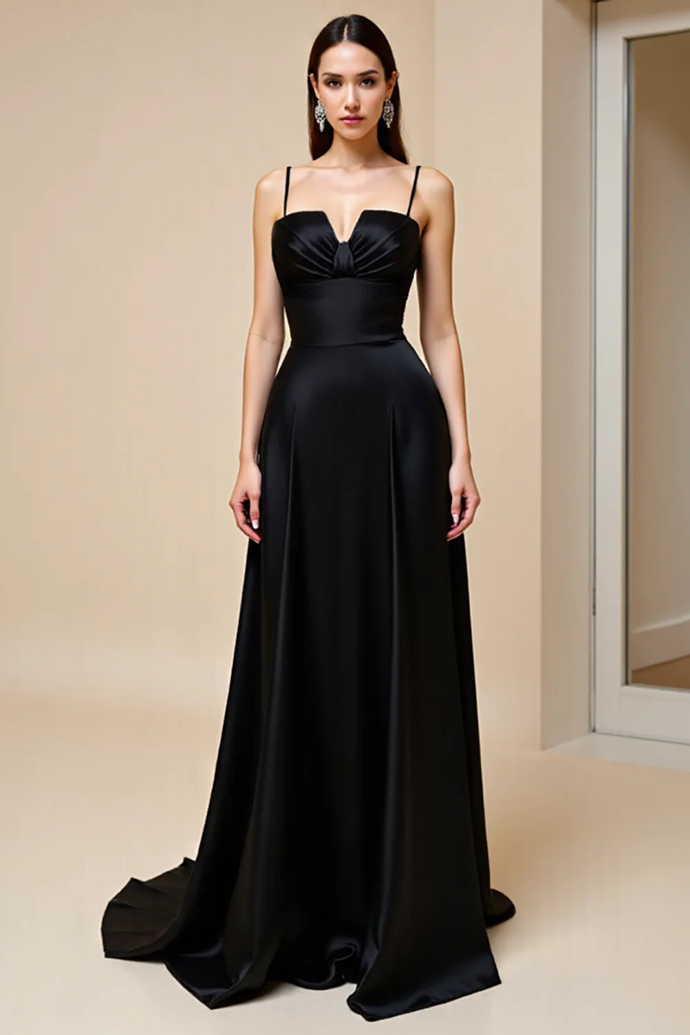 Black A Line Spaghetti Straps Satin Long Prom Dress