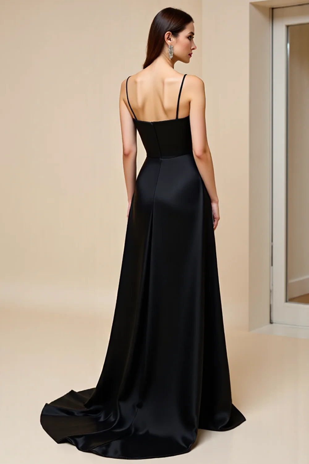 Black A Line Spaghetti Straps Satin Long Prom Dress