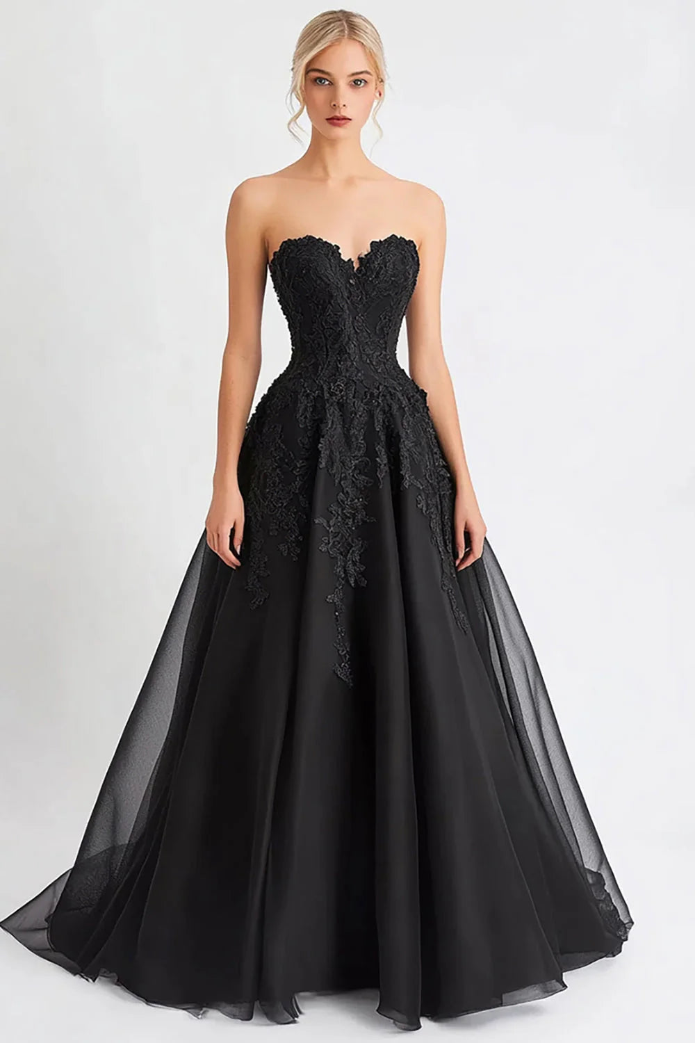 Black A Line Tulle Long Sweetheart Evening Dress with Lace