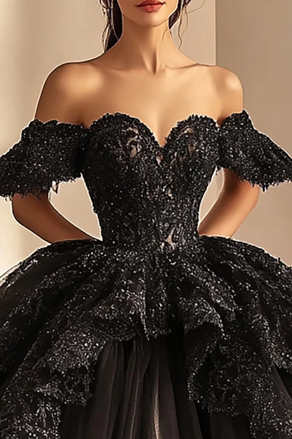 Black Ball Gown Princess Long Ruffled Quinceanera Dress with Appliques