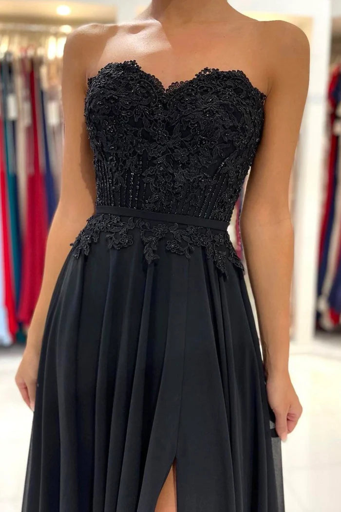 Black Chiffon Lace Long Prom Dress, A-Line Strapless Evening Party Dress