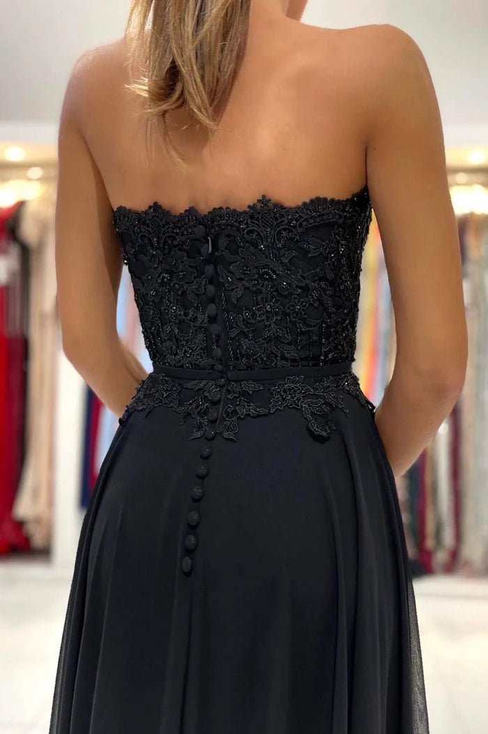 Black Chiffon Lace Long Prom Dress, A-Line Strapless Evening Party Dress