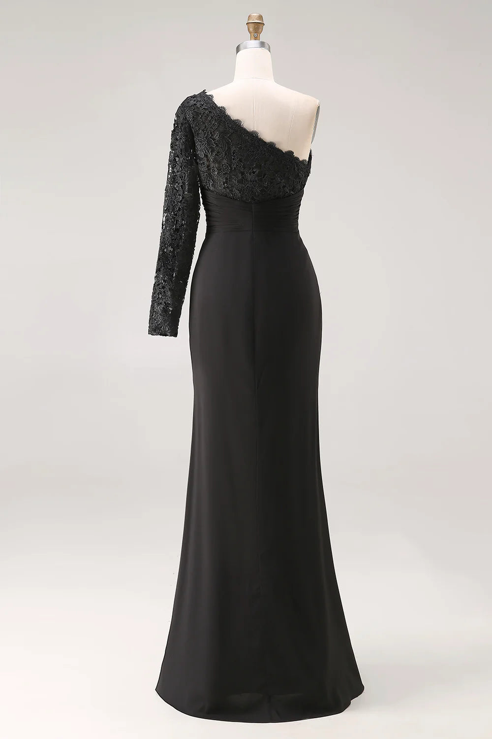 Black Chiffon Mermaid Asymmetrical Neck Lace-Sleeve Floor Length Mother of the Bride Dress