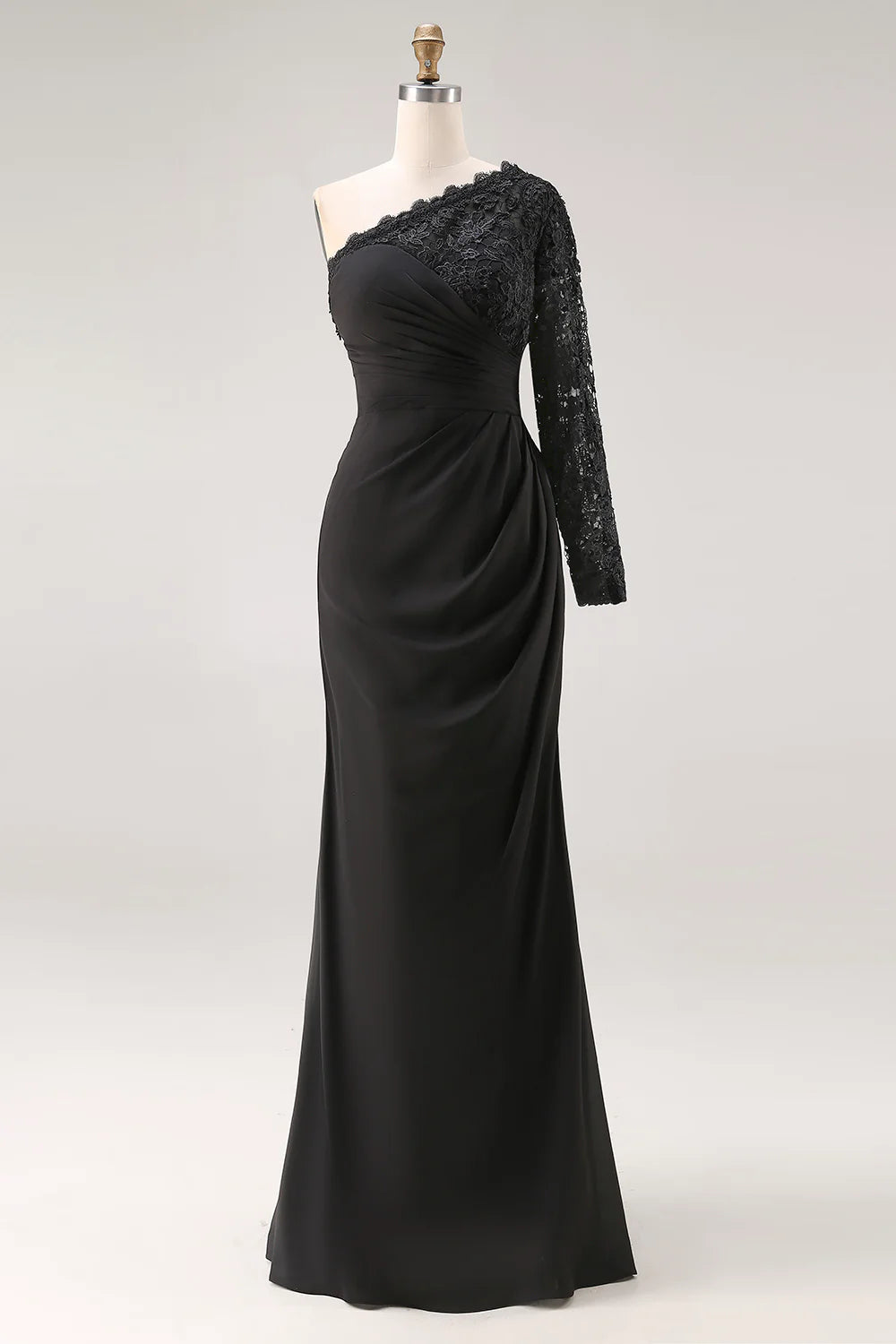 Black Chiffon Mermaid Asymmetrical Neck Lace-Sleeve Floor Length Mother of the Bride Dress