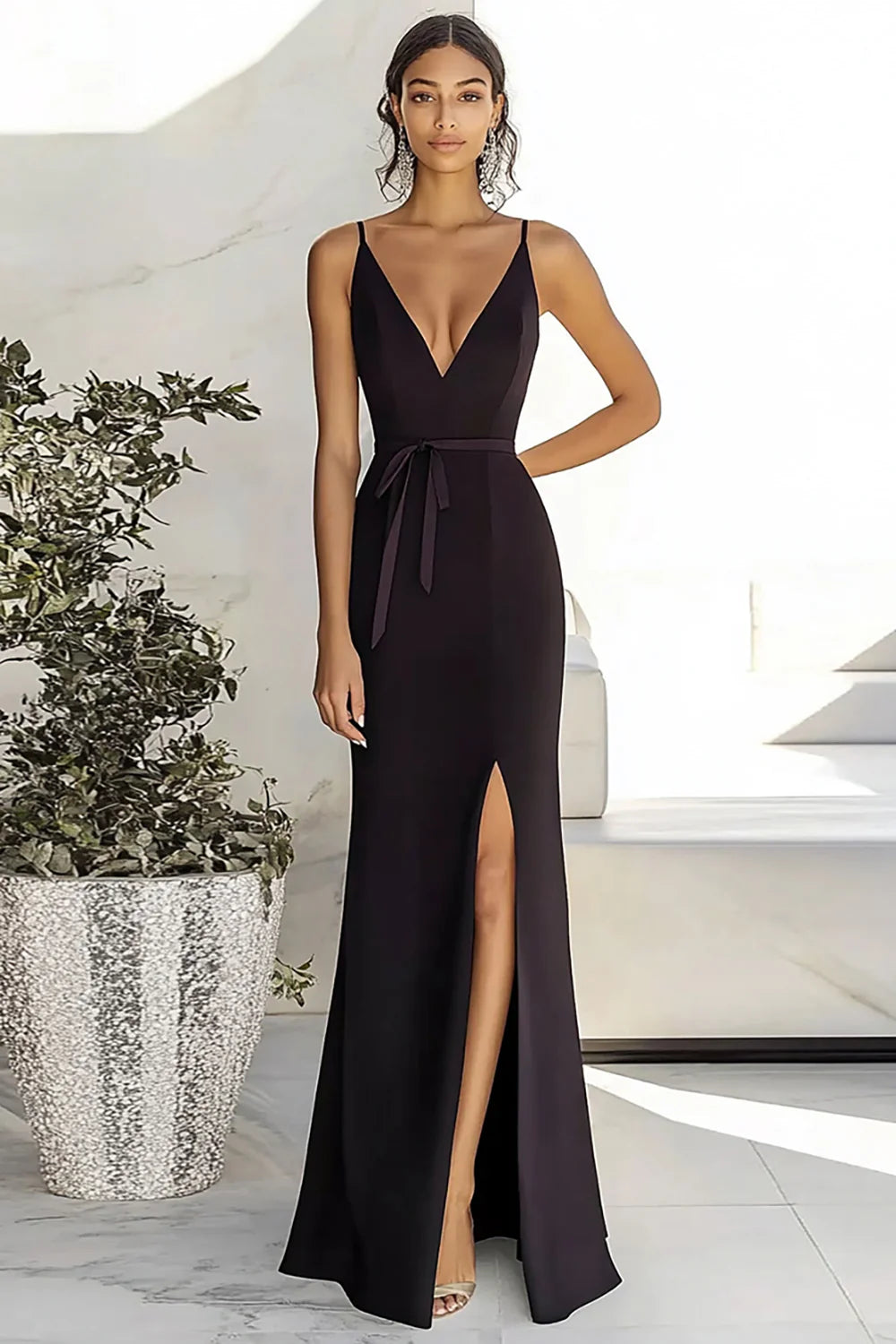 Black Deep V-Neck Sheath Long Formal Dress with Slit