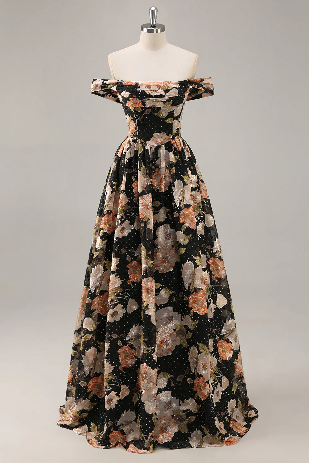 Black Flower A-Line Off The Shoulder Corset Ruched Maxi Dress with Beading