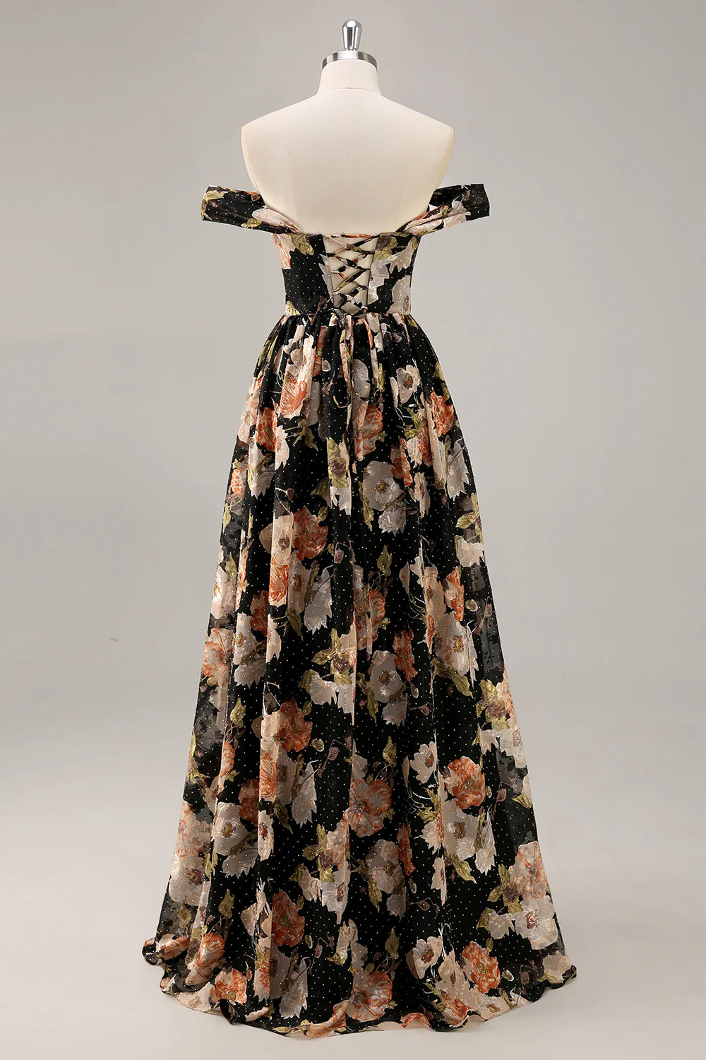 Black Flower A-Line Off The Shoulder Corset Ruched Maxi Dress with Beading