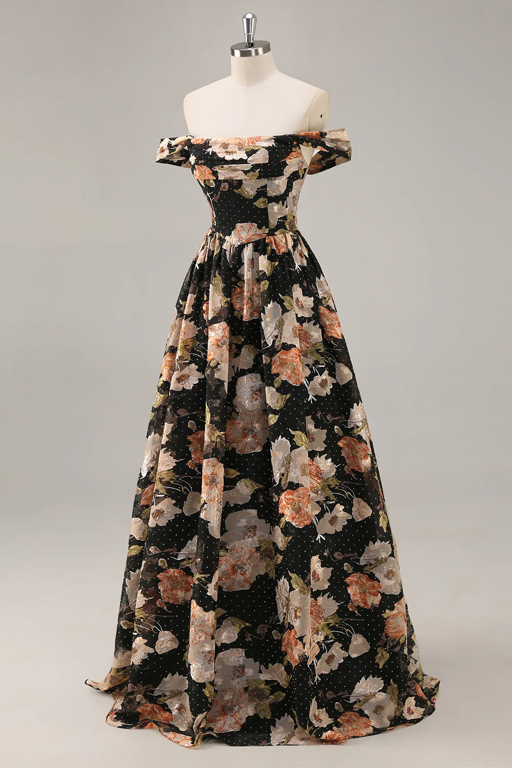 Black Flower A-Line Off The Shoulder Corset Ruched Maxi Dress with Beading